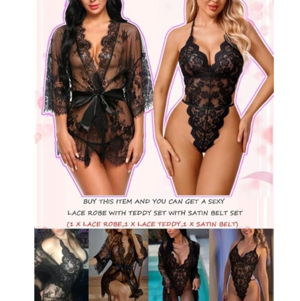 Sexy Lingerie Set 2 Piece Lace Kimono Robe with Lace Teddy Nightie Bodysuit - Picture 2 of 7